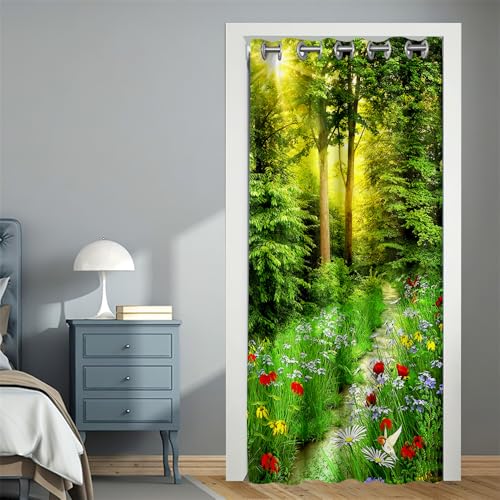 Surwin Türvorhang Blickdicht mit Ösen, Vorhang Thermovorhang Kälteschutz Verdunkelungsvorhang Gardinen Wohnzimmer für Schlafzimmer Blackout Garderobenstangen -Wald (Blumen,80x180cm) von Surwin