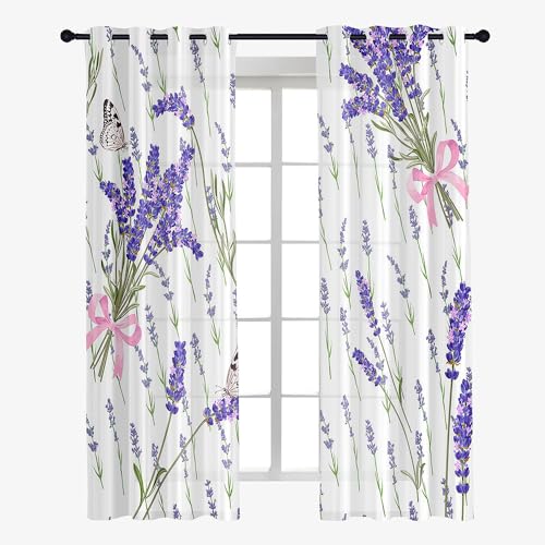 Surwin Voile Gardinen Blumen Drucken Vorhänge Transparent Vorhang 2er Set, Gardinen mit Ösen 3D Fenstergardinen für Wohnzimmer, Schlafzimmer, Küche (55x95cm,Lavendel) von Surwin
