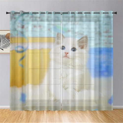 Surwin Voile Gardinen Kätzchen Drucken Vorhänge Transparent Vorhang 2er Set, Gardinen mit Ösen 3D Fenstergardinen für Wohnzimmer, Schlafzimmer, Küche (55x95cm,Ragdoll-Katze) von Surwin