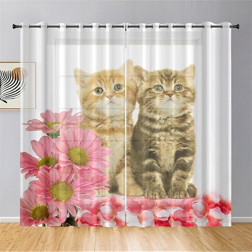Surwin Voile Gardinen Kätzchen Drucken Vorhänge Transparent Vorhang 2er Set, Gardinen mit Ösen 3D Fenstergardinen für Wohnzimmer, Schlafzimmer, Küche (55x95cm,Zwillingskätzchen) von Surwin