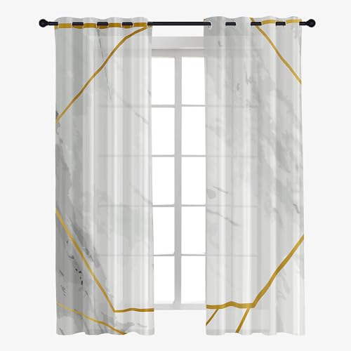 Surwin Voile Gardinen Marmor Drucken Vorhänge Transparent Vorhang 2er Set, Gardinen mit Ösen 3D Fenstergardinen für Wohnzimmer, Schlafzimmer, Küche (132x213cm,Geometrie) von Surwin