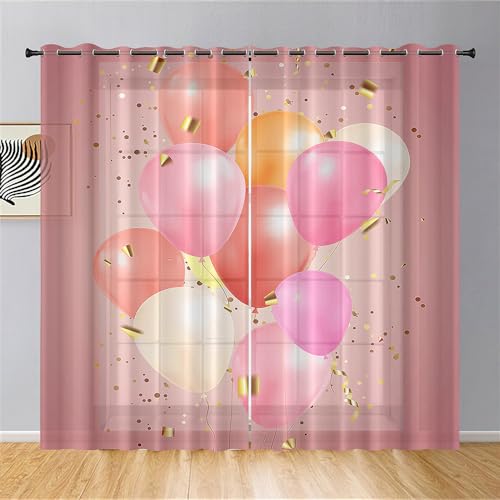 Surwin Voile Gardinen Partyballons Drucken Vorhänge Transparent Vorhang 2er Set, Gardinen mit Ösen 3D Fenstergardinen für Wohnzimmer, Schlafzimmer, Küche (Rot Rosa,132x213cm) von Surwin