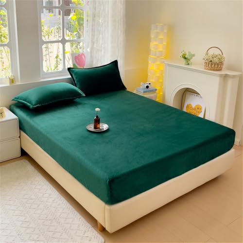 Surwin Volltonfarbe Samt Spannbettlaken Rutschfestem Spannbetttücher Elastisch Bettlaken, 30cm Steghöhe, Weiche Spannbetttuch Warm im Winter Spannleintuch (Dunkelgrün,200x220+30cm) von Surwin
