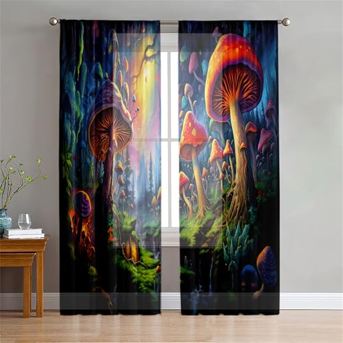 Surwin Vorhänge Wohnzimmer, 3D Pilzmuster Scheibengardinen, Gardinen mit ösen, 2er Set Vorhänge, Modern Transparent Tüll Gardine Wohnzimmer für Küche Fenster Wohnzimmer (Mehrfarbig,W140xH244cm) von Surwin