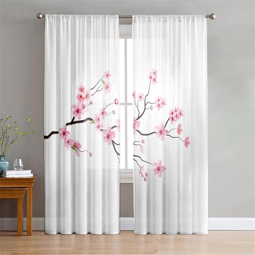 Surwin Vorhänge Wohnzimmer, Kirschblüten-Druck Scheibengardinen, Gardinen mit ösen, 2er Set Vorhänge, Modern Transparent Tüll Gardine Wohnzimmer für Küche Fenster Wohnzimmer (Weiß 2,W140xH160cm) von Surwin