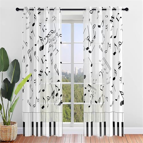 Surwin Vorhänge Wohnzimmer, Mehrfarbige Musiknoten Scheibengardinen, Gardinen mit ösen, 2er Set Vorhänge, Modern Transparent Tüll Gardine Wohnzimmer für Küche Fenster Schlafzimmer (Weiß 2,132x213cm) von Surwin