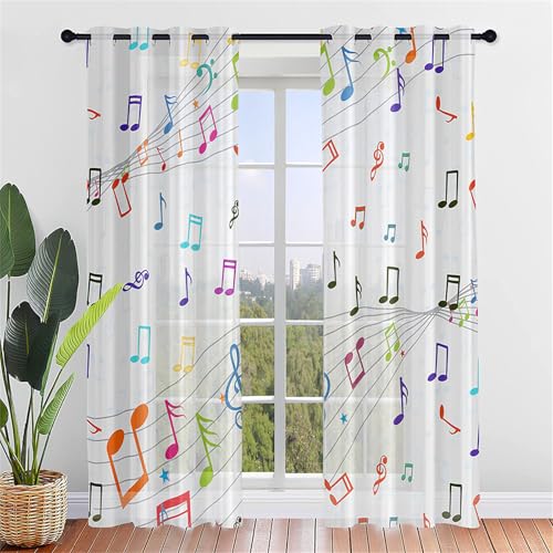 Surwin Vorhänge Wohnzimmer, Mehrfarbige Musiknoten Scheibengardinen, Gardinen mit ösen, 2er Set Vorhänge, Modern Transparent Tüll Gardine Wohnzimmer für Küche Fenster Schlafzimmer (Bunt,107x213cm) von Surwin