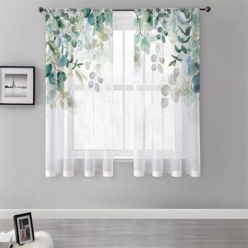 Surwin Vorhänge Wohnzimmer,Grüner Pflanzendruck Scheibengardinen, Gardinen mit ösen, 2er Set Vorhänge, Modern Transparent Tüll Gardine Wohnzimmer für Küche Fenster Wohnzimmer (Grün 8,130x120cm) von Surwin