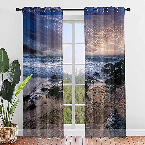 Surwin Wellen Gardinen mit Ösen, 2er Set Vorhänge, Modern Transparent Vorhänge Wohnzimmer Polyester Gardinen Küche Fenster Wohnzimmer Schlafzimmer (Gischt,80x115cm) von Surwin
