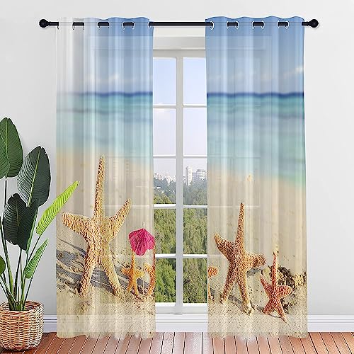 Surwin Wellen Gardinen mit Ösen, 2er Set Vorhänge, Modern Transparent Vorhänge Wohnzimmer Polyester Gardinen Küche Fenster Wohnzimmer Schlafzimmer (Seestern-Familie,132x182cm) von Surwin