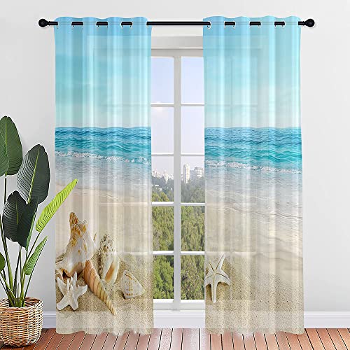 Surwin Wellen Gardinen mit Ösen, 2er Set Vorhänge, Modern Transparent Vorhänge Wohnzimmer Polyester Gardinen Küche Fenster Wohnzimmer Schlafzimmer (blaues Meer Strand,132x182cm) von Surwin