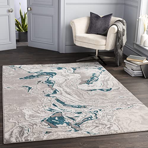 Surya Adria Teppich Wohnzimmer Modern – Abstrakt Design in Marmor Optik für Wohnzimmer, Esszimmer, Schlafzimmer – weicher Marmor Teppich, Kurzflor Teppich groß 120x170cm in Grau, Creme und Blaugrün von Surya