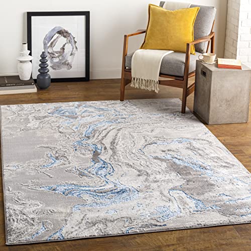 Livabliss Adria Modern Wohnzimmer Teppich – Abstraktes Marmor-Optik Design für Wohnzimmer, Esszimmer und Schlafzimmer (160x213 cm) in Grau, Blau und Elfenbein – Weicher Kurzflor Teppich von Livabliss