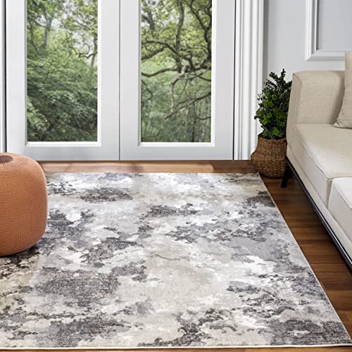 Surya Apeldoorn Teppich Wohnzimmer Modern – Abstrakt Design in Marmor Optik für Esszimmer, Schlafzimmer, Wohnzimmerteppich – weicher Marmor Teppich Groß 160x213cm Carpet, Teppich Weiß, Silber von Surya