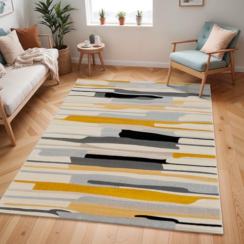 Surya Atlanta Teppich Wohnzimmer Boho, großer Teppich Schlafzimmer 200x274 cm - Teppich für Esszimmer mit geometrischem Muster, Skandinavischer Wohnzimmerteppich modern in Senfgelb, Grau, Beige von Livabliss