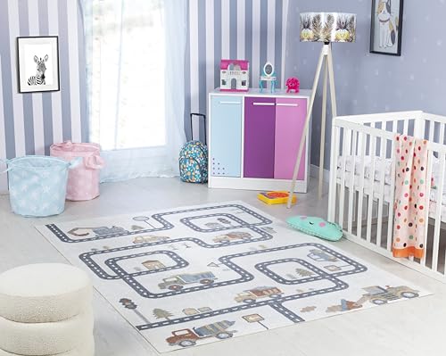 Surya Auto-Spielmatte Kinderteppich - Cartoon Teppich Kinderzimmer oder Babyzimmer, Kinderzimmerteppich, Krabbelteppich oder Spielteppich - Baby Teppich für Jungen& Mädchen, Creme 80x150cm von Surya