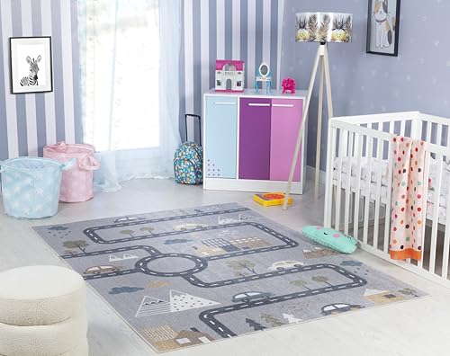 Surya Auto-Spielmatte Kinderteppich - Cartoon Teppich Kinderzimmer oder Babyzimmer, Kinderzimmerteppich, Krabbelteppich oder Spielteppich - Baby Teppich für Jungen & Mädchen, Grau 160x213cm von Surya