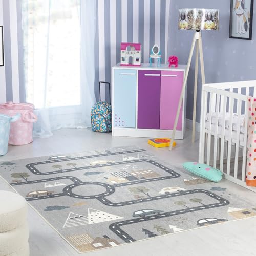 Livabliss Auto-Spielmatte Kinderteppich waschbar - Cartoon Teppich 160x213 cm, Waschbarer Teppich Kinderzimmer oder Babyzimmer, Krabbelteppich, Spielteppich - Baby Teppich für Jungen & Mädchen, Grau von Livabliss
