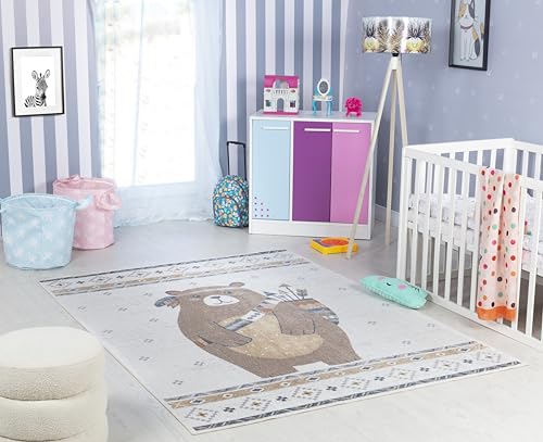 Surya Bär Kinderteppich - Cartoon Teppich, Teppich Kinderzimmer oder Babyzimmer, Kinderzimmerteppich, Krabbelteppich oder Spielteppich - Baby Teppich für Jungen & Mädchen, Creme und Beige 120x170cm von Surya