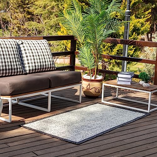 Livabliss Outdoor Teppich wetterfest, Belek - In und Outdoor Teppich für Balkon 80x150 cm, Terrasse, Garten, Küche - Outdoor Teppich Boho Style, Teppich für draußen - Teppich Elfenbein und Holzkohle von Livabliss