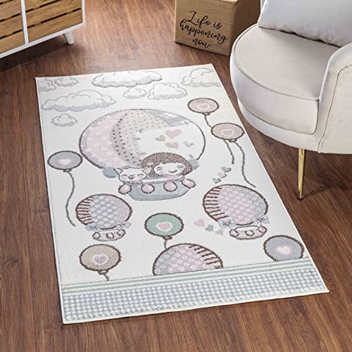 Livabliss Heissluftballon Kinderteppich - Cartoon Teppich 160x213 cm, Teppich Kinderzimmer oder Babyzimmer, Krabbelteppich oder Spielteppich - Baby Teppich für Jungen & Mädchen, Beige, Rosa und Grau von Livabliss
