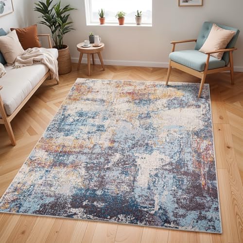Livabliss Clearwater Moderner Wohnzimmer – Abstraktes Marmor-Design in Blau und Elfenbein, Kurzflor, Weich, für Wohnzimmer, Schlafzimmer & Esszimmer, Größe: 200x275 cm von Livabliss