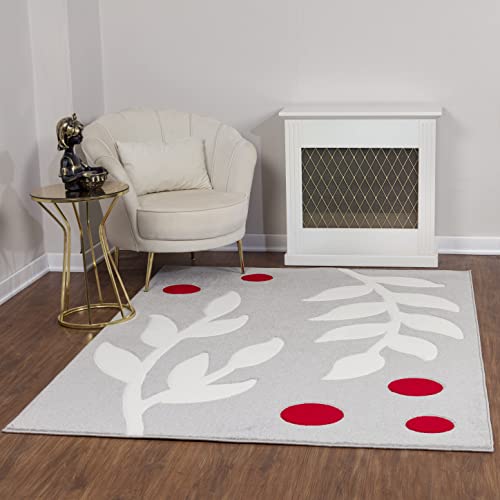 Livabliss Dijon Wohnzimmer Teppich Modern - Abstrakt Design in Marmor Optik 120x170 cm für Wohnzimmer, Esszimmer, Schlafzimmer - Groß, Weich, Kurzflor in Hellgrau, Rot und Weiß von Livabliss