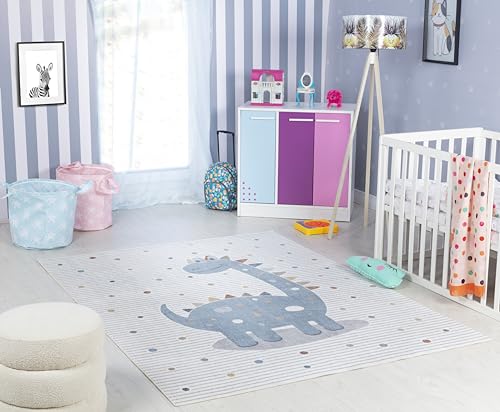 Surya Dinosaurier Kinderteppich - Cartoon Teppich Kinderzimmer oder Babyzimmer, Kinderzimmerteppich, Krabbelteppich oder Spielteppich - Baby Teppich für Jungen & Mädchen, Creme und Grau 120x170cm von Surya