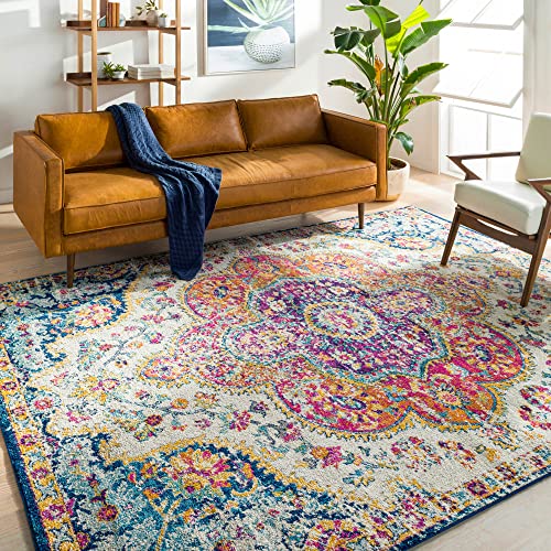 Surya Rabat Vintage Teppich groß - Teppich Wohnzimmer 160x230cm, Esszimmer, Schlafzimmer - Orientalischer Teppich Boho Style - Carpet Living Room, Bunter Muster, Fuchsie, Gebranntes Orange, Senfgelb von Livabliss