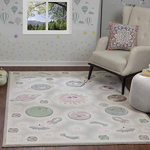 Surya Galaxy Kinderteppich - Galaxie-Teppich, Teppich Kinderzimmer oder Babyzimmer, Kinderzimmerteppich, Krabbelteppich oder Spielteppich - Baby Teppich für Junge & Mädchen, Beige 160x213cm von Surya