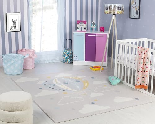 Surya Heissluftballon Kinderteppich - Cartoon Teppich, Teppich Kinderzimmer oder Babyzimmer, Kinderzimmerteppich, Krabbelteppich oder Spielteppich - Baby Teppich für Jungen & Mädchen, Grau 160x213cm von Surya