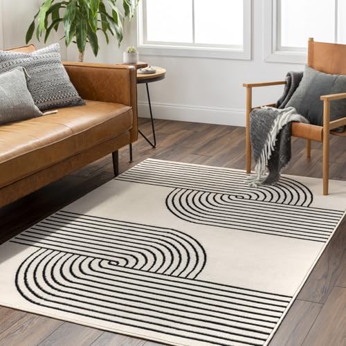 Livabliss Hialeah Wohnzimmer Teppich Modern - Abstrakt Design in Marmor Optik für Wohnzimmer, Esszimmer, Schlafzimmer 152x213 cm - Weicher Kurzflor in Elfenbein, Schwarz von Surya