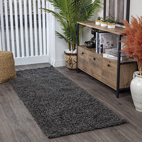 Surya Home Flauschiger Teppich Läufer - Shaggy Teppich für Wohnzimmer, Schlafzimmer, Berber Abstrakter Langflor Hochflor Teppich Grau flauschig - Teppich Läufer 80x220cm Läufer Flur in Dunkel Grau von Surya