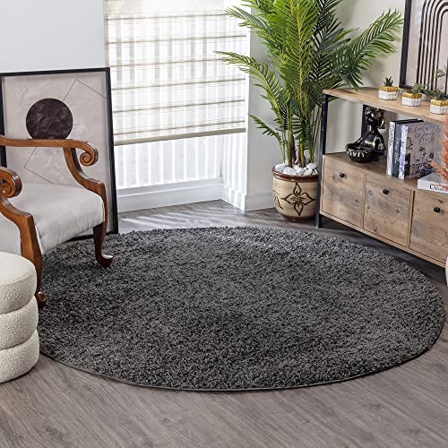 Surya Home Flauschiger Teppich Rund - Shaggy Teppich für Wohnzimmer, Schlafzimmer, Berber Abstrakter Langflor Hochflor Teppich Grau flauschig - Teppich Rund 200cm Carpet in Dunkel Grau von Surya