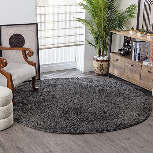 Surya Home Flauschiger Teppich Rund - Shaggy Teppich für Wohnzimmer, Schlafzimmer, Berber Abstrakter Langflor Hochflor Teppich Grau flauschig - Teppich Rund 120cm Carpet in Dunkel Grau von Surya