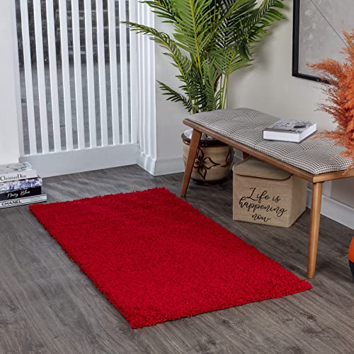 Surya Home Flauschiger Teppich Läufer - Shaggy Teppich für Wohnzimmer, Schlafzimmer, Berber Abstrakter Langflor Hochflor Teppich Rot flauschig - Teppich Läufer 80x150cm Läufer Flur in Rot von Surya