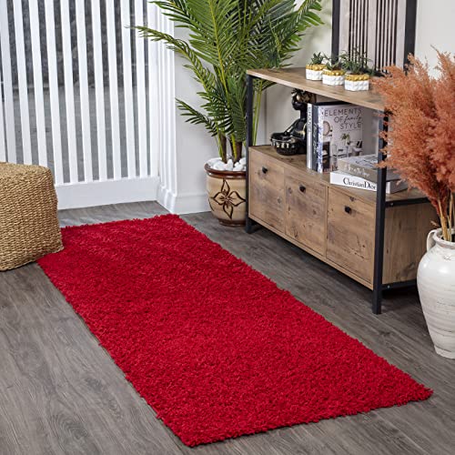 Surya Home Flauschiger Teppich Läufer - Shaggy Teppich für Wohnzimmer, Schlafzimmer, Berber Abstrakter Langflor Hochflor Teppich Rot flauschig - Teppich Läufer 80x220cm Läufer Flur in Rot von Surya