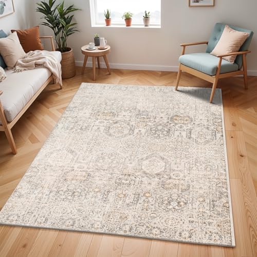 Livabliss Oran Vintage groß - Orientalischer Wohnzimmer 130x170 cm, Esszimmer, Schlafzimmer - Boho Kurzflor e für einfache Pflege - Grau, Holzkohle, Senfgelb, Schwarz, Beige, Elfenbein von Livabliss