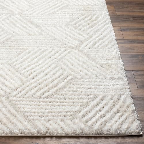 Surya Kapan Teppich - Flauschiger Teppich für Wohnzimmer, Esszimmer, Schlafzimmer - Abstrakter Langflor Hochflor Teppich weiss flauschig und pflegeleicht - Teppich 160x213cm in Creme und Helles Beige von Surya