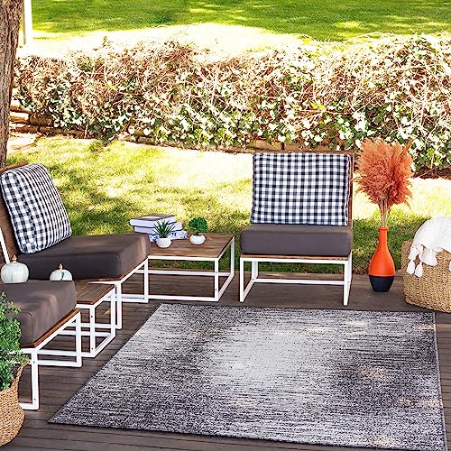 Livabliss Outdoor Teppich wetterfest, Kemer - In und Outdoor Teppich für Balkon 160x213 cm, Terrasse, Garten, Küche - Outdoor Teppich Boho Style, Teppich für draußen - Teppich Holzkohle und Elfenbein von Livabliss