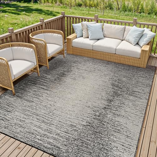 Livabliss Outdoor Teppich wetterfest, Kemer - In und Outdoor Teppich für Balkon 120x170 cm, Terrasse, Garten, Küche - Outdoor Teppich Boho Style, Teppich für draußen - Teppich Holzkohle und Elfenbein von Livabliss
