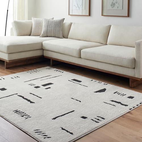 Surya Kobe Teppich Wohnzimmer Modern – Abstrakt Design in Marmor Optik für Wohnzimmer, Esszimmer, Schlafzimmer – weicher Marmor Teppich, Kurzflor Teppich groß 160x213cm in Creme, Schwarz von Surya