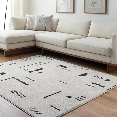 Surya Kobe Wohnzimmer Teppich modern – Abstrakt Design in Marmor Optik für Wohnzimmer 200x275 cm, Esszimmer, Schlafzimmer - Marmor Teppich groß, weicher Teppich Kurzflor in Weiß, Creme, Schwarz von Livabliss
