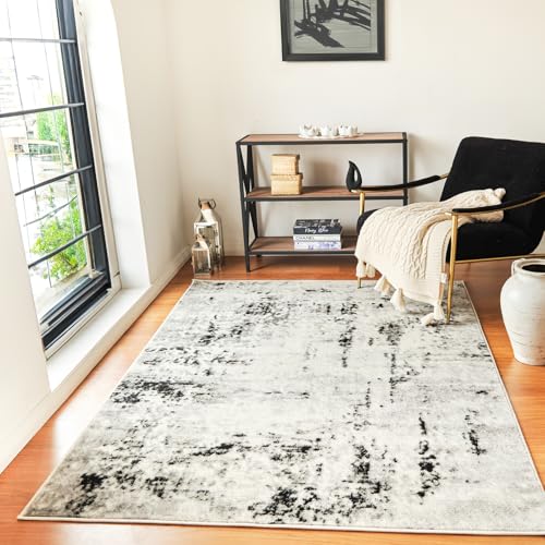 Livabliss Kyoto Wohnzimmer Teppich modern – Abstrakt Design in Marmor Optik für Wohnzimmer 152x213 cm, Esszimmer, Schlafzimmer - Marmor Teppich groß, weicher Teppich Kurzflor Elfenbein, Grau, Schwarz von Livabliss
