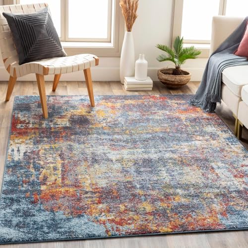 Surya Miami Teppich Wohnzimmer Modern – Abstrakt Design in Marmor Optik für Wohnzimmer, Esszimmer, Schlafzimmer – weicher Marmor Teppich, Kurzflor Teppich groß 160x213cm, Blau, Rost und Grau von Surya