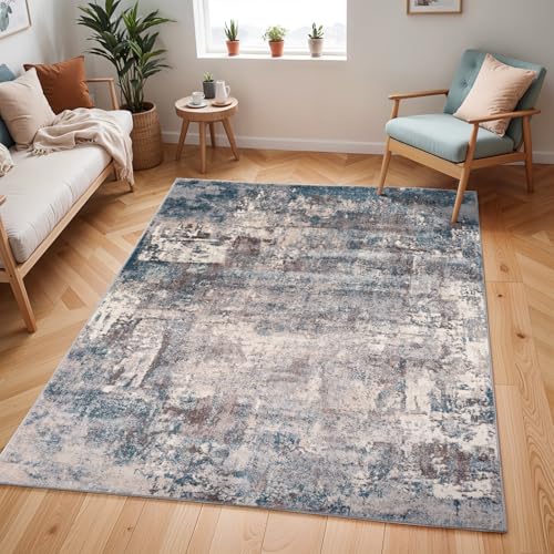 Surya Miami Teppich Wohnzimmer Modern – Abstrakt Design in Marmor Optik für Wohnzimmer, Esszimmer, Schlafzimmer – weicher Marmor Teppich, Kurzflor Teppich groß 200x274cm in Blau, Creme von Surya