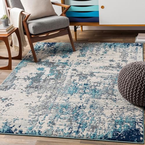 Livabliss Moroni Wohnzimmer Teppich modern – Abstrakt Design in Marmor Optik für Wohnzimmer 140x200 cm, Esszimmer, Schlafzimmer - Marmor Teppich groß, weicher Teppich Kurzflor Silber, Dunkelblau, Grau von Livabliss