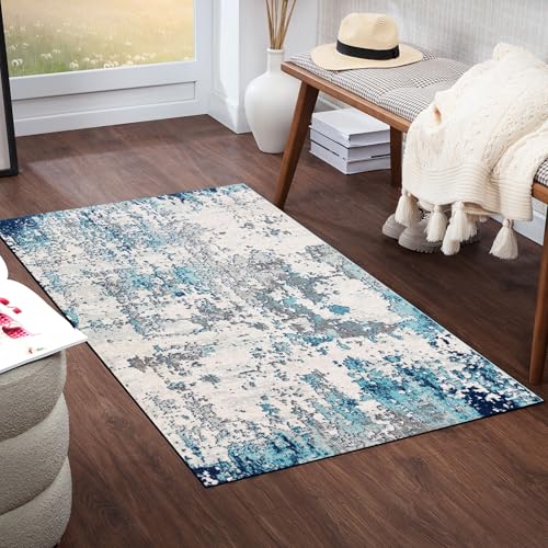 Livabliss Moroni Teppich Läufer modern – Abstrakt Design in Marmor Optik für Wohnzimmer 80x150 cm, Esszimmer, Schlafzimmer – Marmor Teppich groß, weicher Teppich Kurzflor, Teppich Silber, Blau, Grau von Livabliss