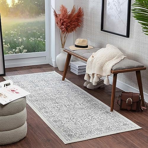 Surya Palermo Vintage Teppich Läufer Flur, Esszimmer - Teppich Wohnzimmer, Rugs Living Room - Boho Teppich Orientalisch Style, Kurzflor Carpet - Läufer Dunkelweiß, Grau, Anthrazit 80x220cm von Surya