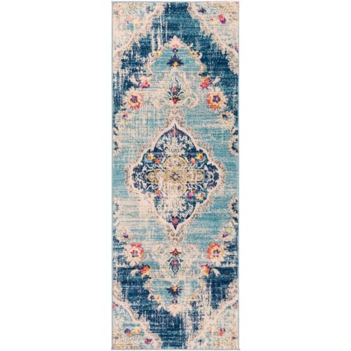 Surya Palma Vintage Teppich läufer - Teppiche Wohnzimmer, Esszimmer, Flur, Carpet Living Room - Orientalischer Teppich Boho Style - Bunter Muster, Light Blue, Navy, Light Beige, Gray 80x220cm von Surya